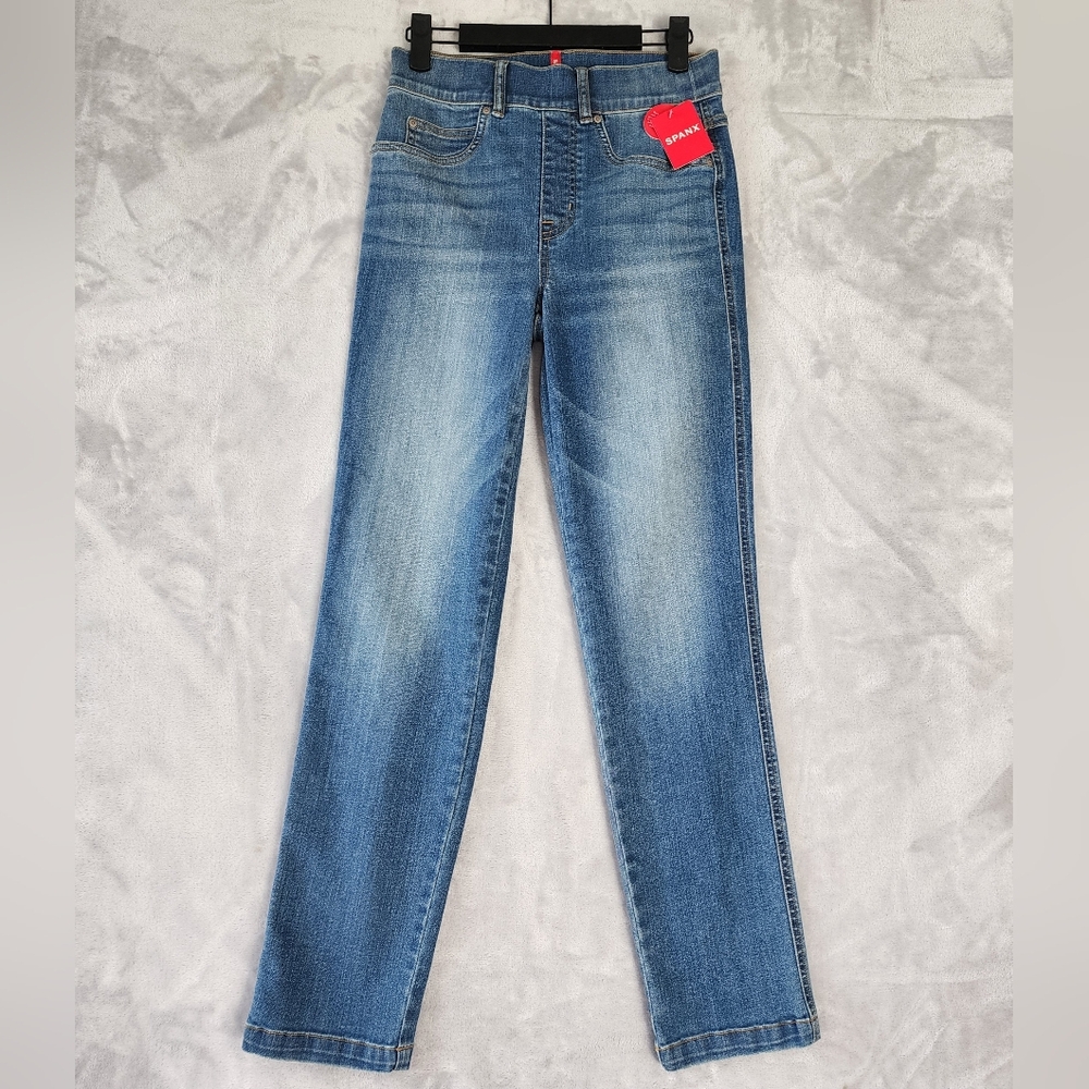 Spanx Jeans Womens Size XS Straight Leg Blue Denim High Rise Stretch NEW